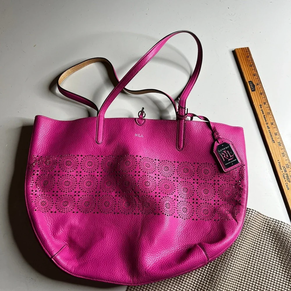 Lauren Ralph Lauren Pink Laser Cut Leather Tote Bag with Gold Interior & Pouch
